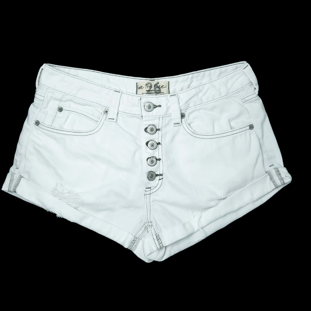 Free People Distressed Cuffed White Denim Shorts 26 Button-Fly